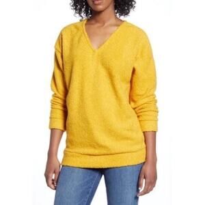 Caslon Mustard Yellow V Neck Fuzzy Pullover